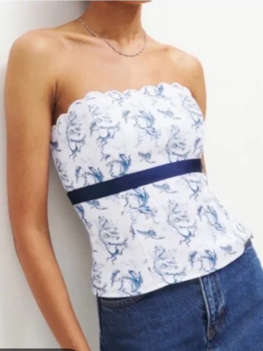 Reformation White Strapless Floral Bustier with Blue Trim